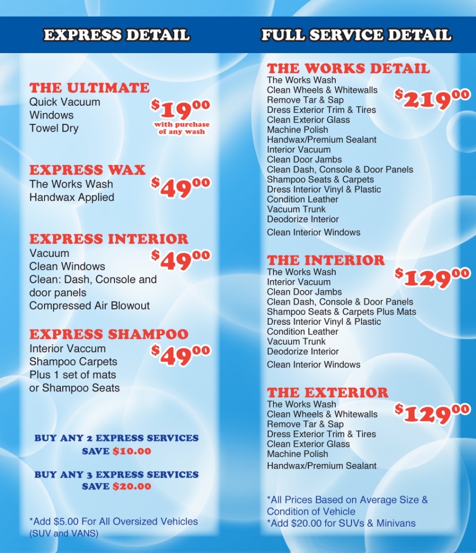 Express Detail and Full Service Detail Price List